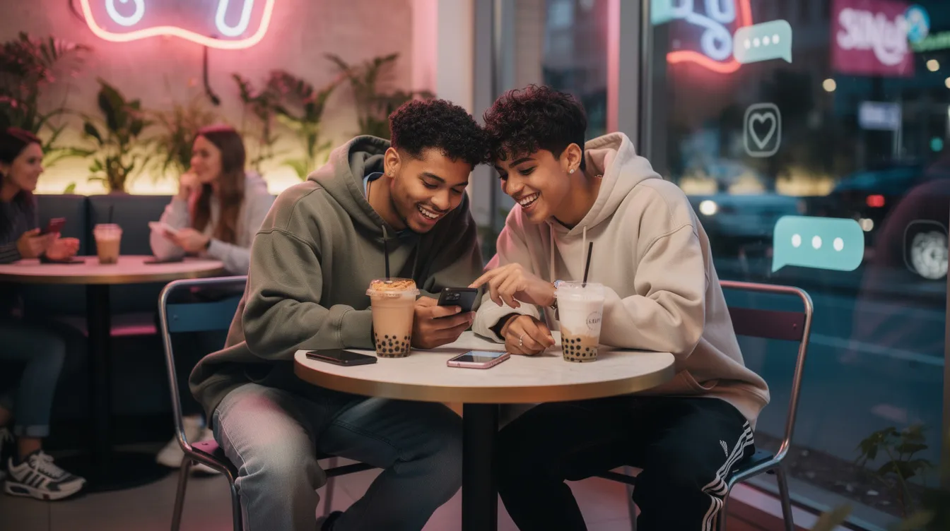 The image depicts a group of diverse Gen Z individuals engaging in a lively discussion about modern dating, highlighting the importance of mental health, personality differences, and relationship compatibility in forming meaningful connections. Unlike previous generations, they emphasize the role of social media platforms and dating apps in exploring potential partners and fostering deeper connections.