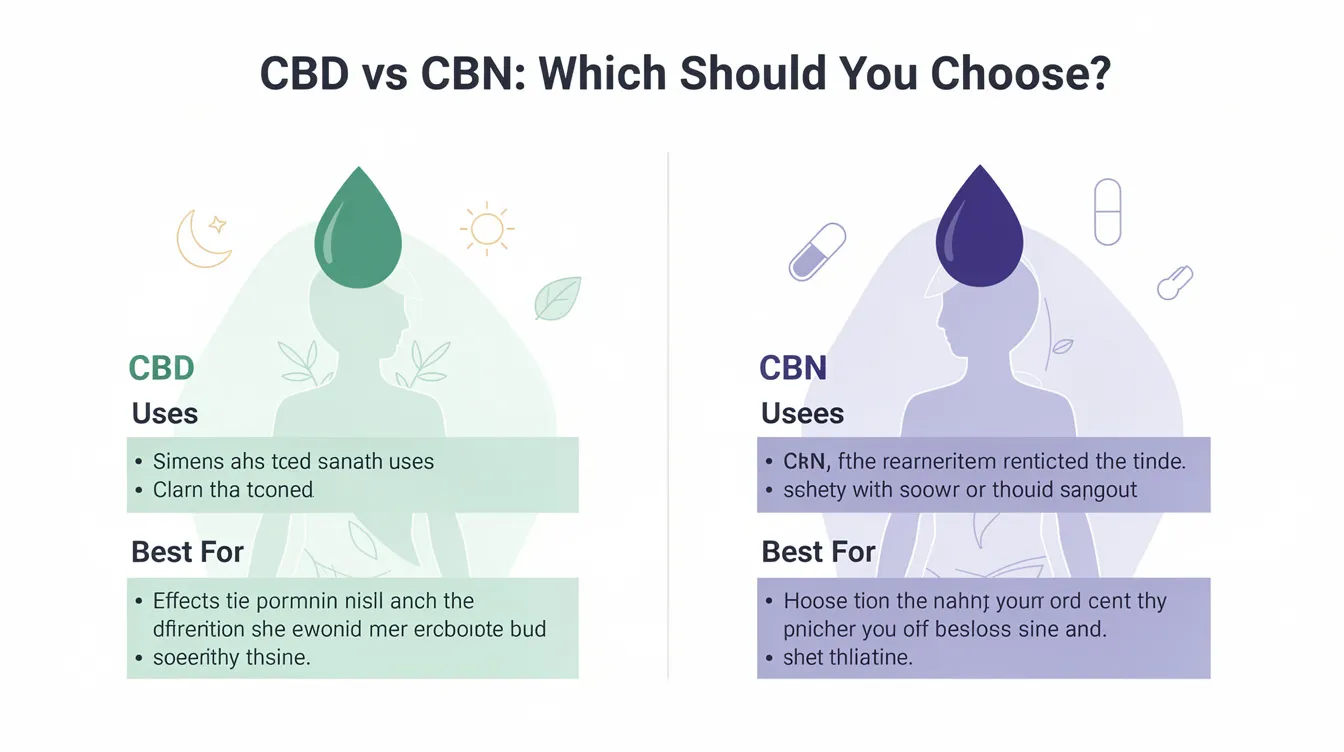 The image compares CBD and CBN, highlighting their key differences and potential benefits for medical cannabis patients. It features cannabis and hemp plants, emphasizing their roles in pain relief, sleep support, and various health benefits, while also noting the non-psychoactive nature of these cannabinoids.