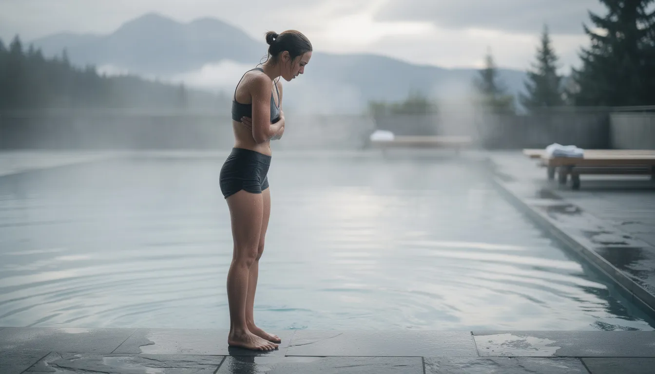 A woman stands hesitantly at the edge of a cold plunge tub, her expression reflecting apprehension about entering the icy waters. This moment captures the common fears associated with cold exposure and the myths about cold plunge therapy, despite its potential health benefits like improved circulation and reduced muscle soreness.