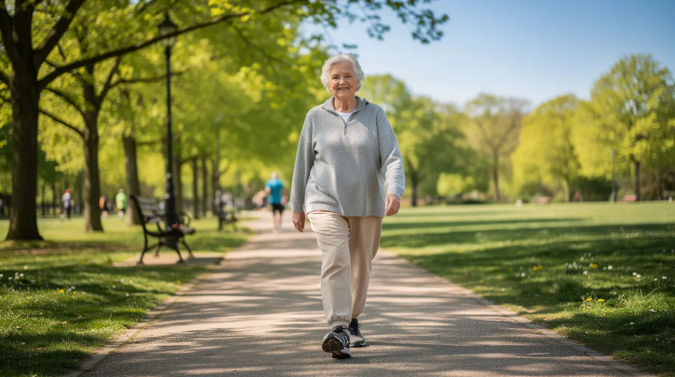 An elderly person walks confidently in a park, surrounded by lush greenery and sunlight, embodying vitality and the potential benefits of regenerative medicine. This scene highlights the importance of healthy aging and the therapeutic potential of stem cell therapy in enhancing life quality.