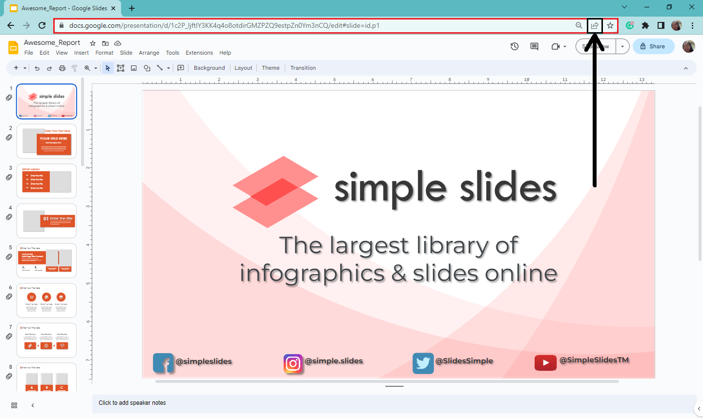 Select the share icon in the address bar on your Google Slides