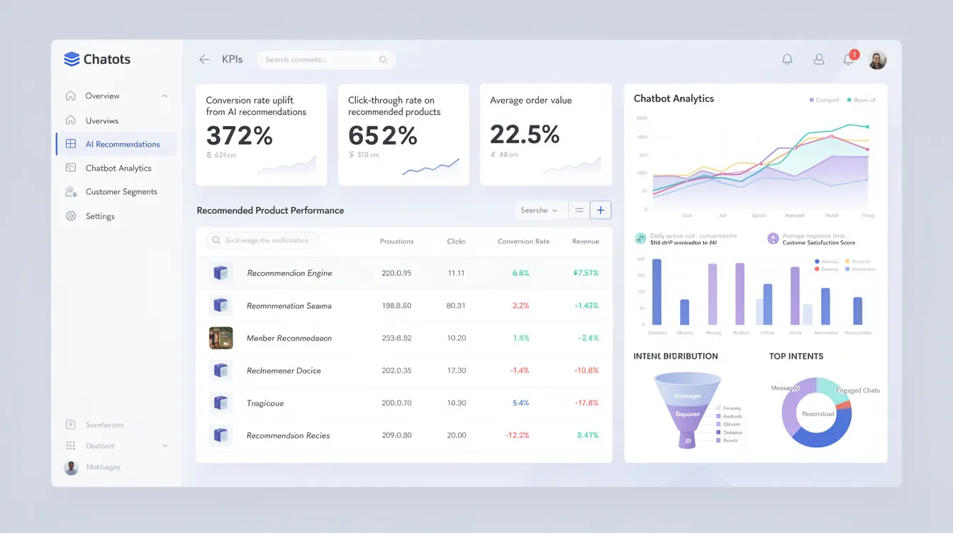 The image depicts an e-commerce dashboard showcasing an AI recommendation engine alongside chatbot analytics, highlighting key metrics related to customer behavior and engagement. This dashboard is designed to enhance customer experience and satisfaction by leveraging data-driven insights for personalized shopping experiences in the retail industry.