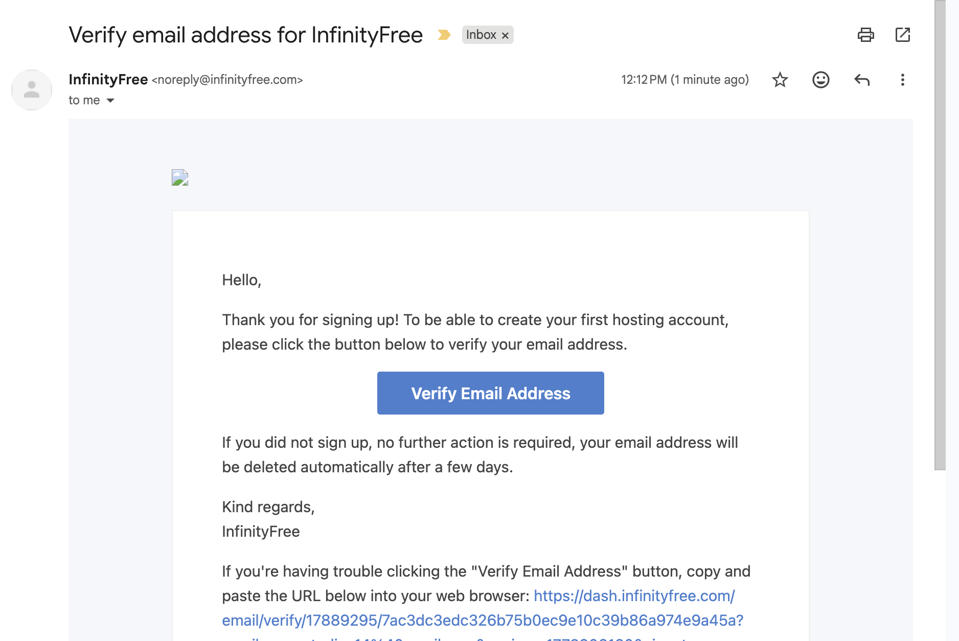 InfinityFree verification email