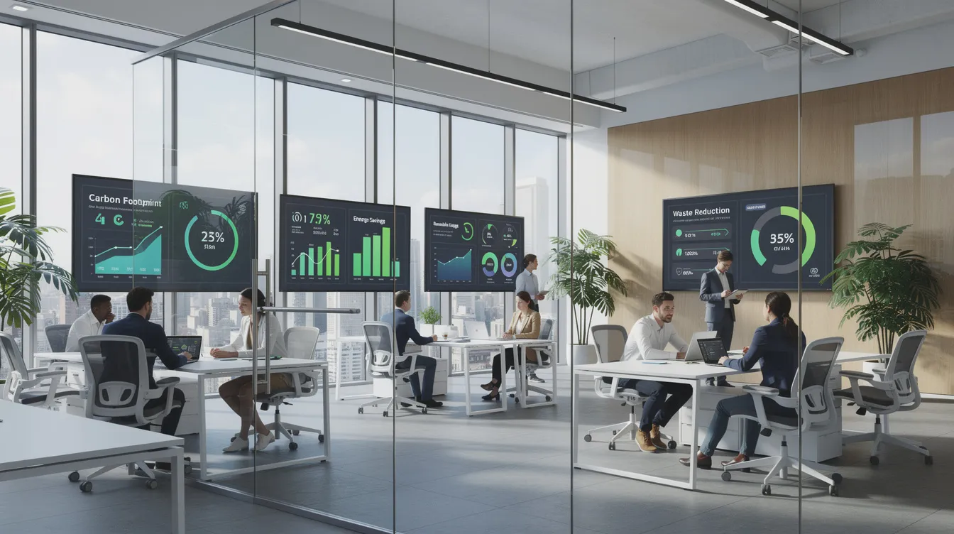The image depicts a modern corporate office featuring digital displays that showcase various sustainability metrics and charts, highlighting the use of ESG reporting software for effective data collection and management. These displays illustrate the organization's commitment to environmental, social, and governance (ESG) initiatives, emphasizing sustainability performance and regulatory compliance.