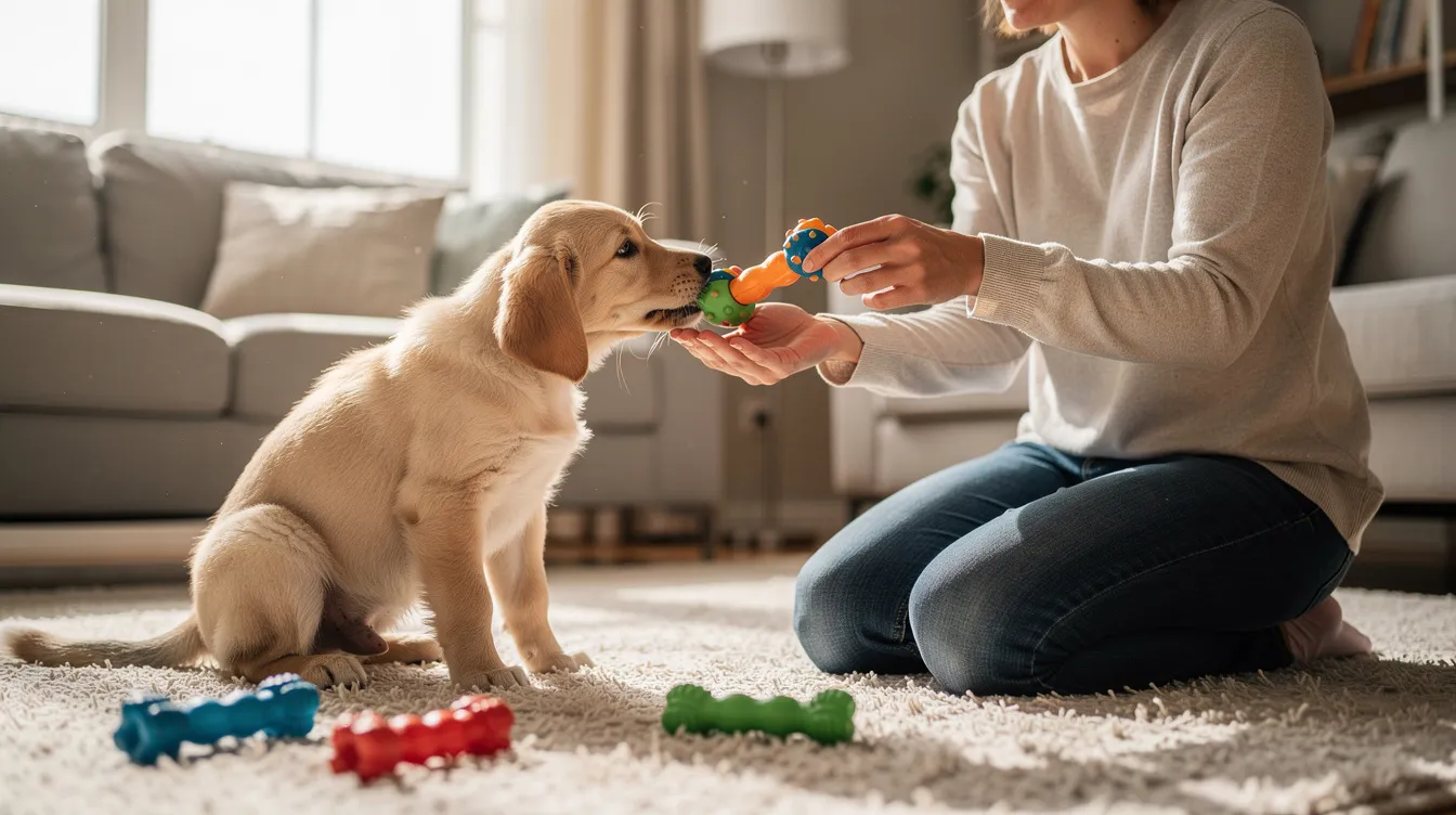 The image depicts a playful puppy engaging in gentle mouthing with a colorful chew toy, highlighting the importance of teaching bite inhibition and reducing unwanted biting behavior during the teething phase. The scene captures the puppy's sharp teeth and the joyful interaction, emphasizing the need for physical and mental stimulation in young dogs.