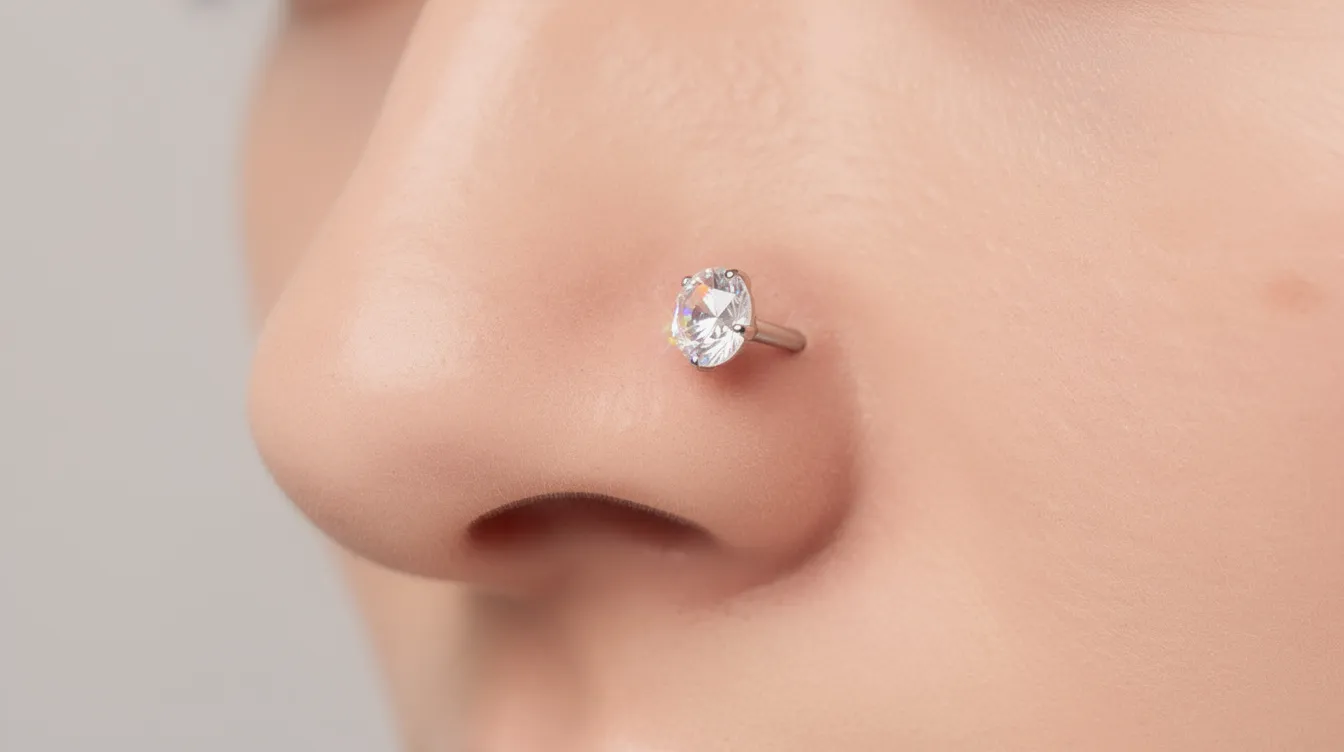 The image features a collection of nose jewellery, including a sparkling cubic zirconia nose stud and various nose rings, showcasing their brilliant clarity and shine. These pieces are designed for comfort, making them suitable for those with sensitive skin, and are available in silver and yellow gold options for a stylish look.