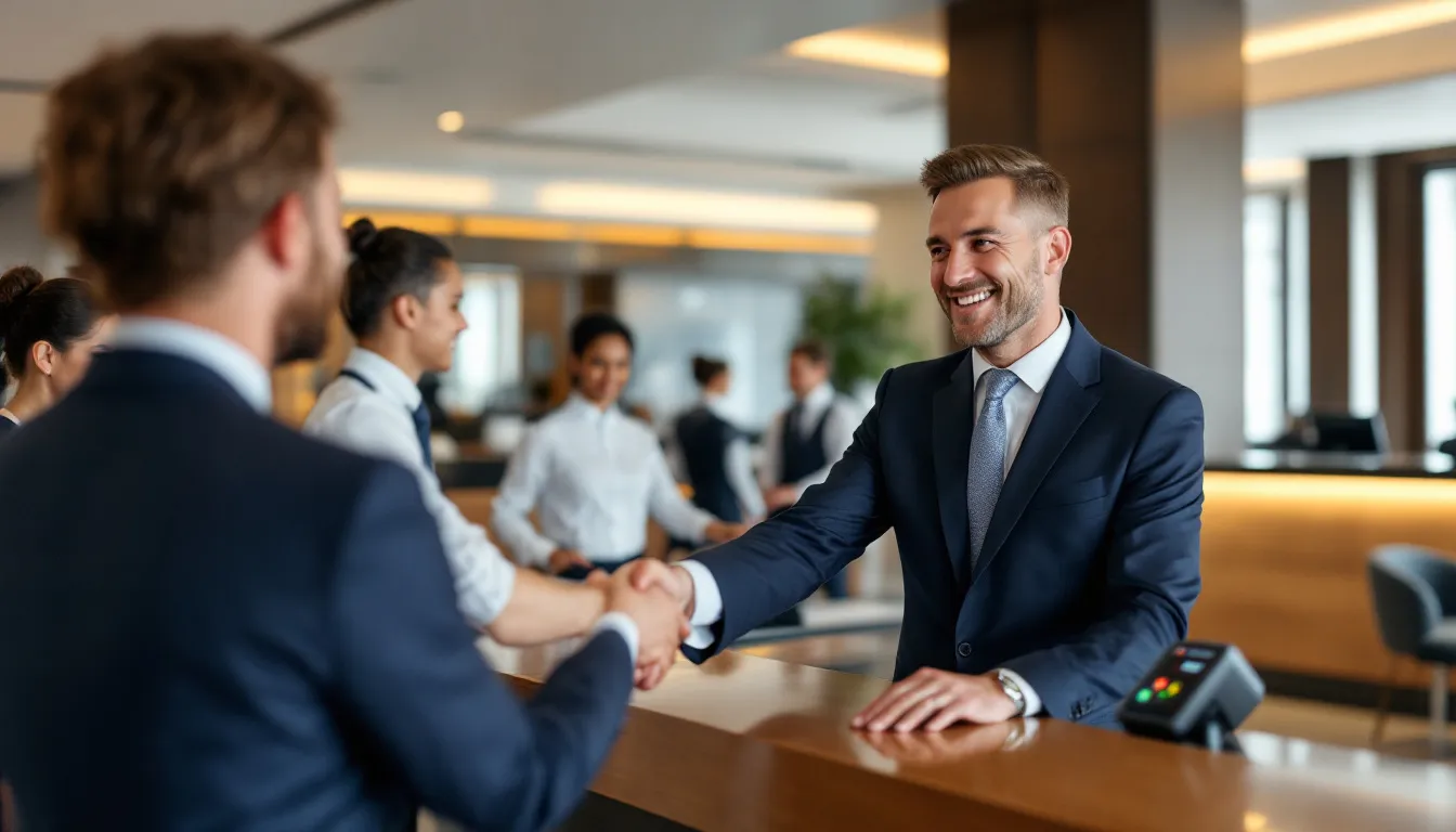 The image shows a hotel owner warmly greeting guests at the front desk, with professional staff members in the background ready to assist. This scene exemplifies the hospitality industry, showcasing the importance of guest experience in a successful hotel business.