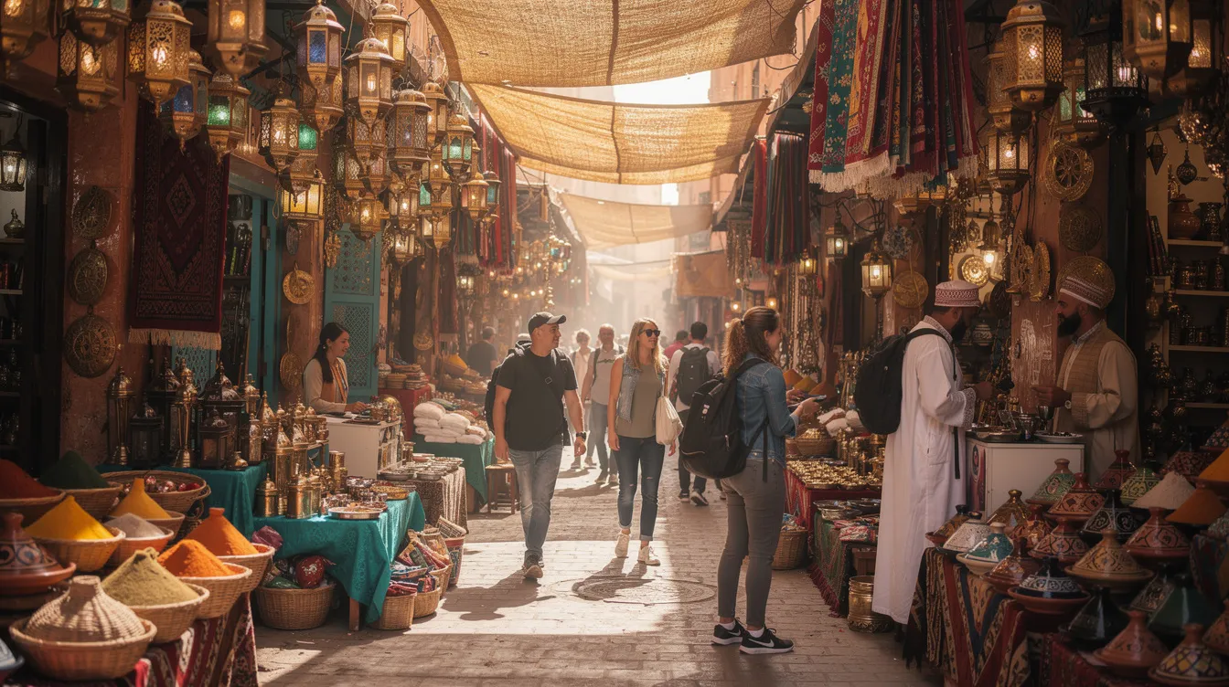 A vibrant Moroccan souk bustling with travelers walking among colorful stalls, where local vendors showcase traditional crafts and lanterns hang overhead, illuminating the lively atmosphere. The scene reflects the rich culture and commerce of Morocco, a country where many languages, including Arabic and Berber, are spoken.