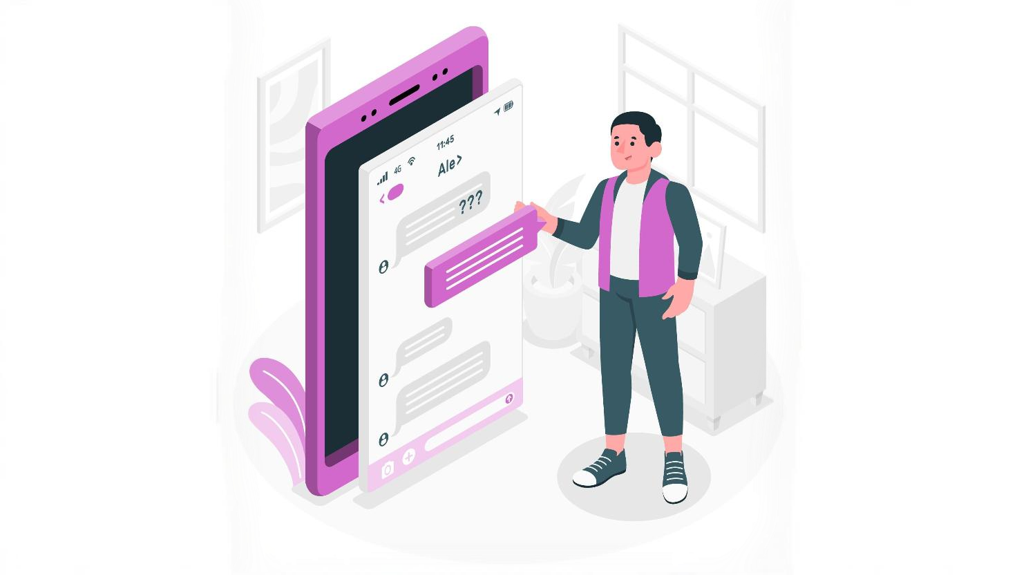 An animated man interacts with a giant smartphone screen displaying a messaging app, with speech bubbles showing “???” This emphasizes the importance of clear mobile communication and how Business SMS tools help businesses handle customer queries efficiently.