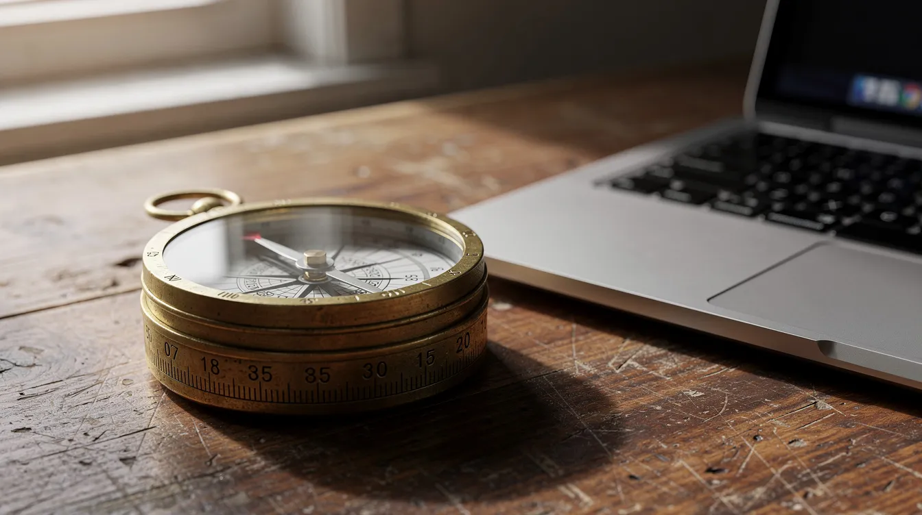 A traditional brass compass rests on a wooden desk beside a modern laptop computer, symbolizing the blend of human intelligence and machine learning in navigating both physical and digital landscapes. The warm tones of the wood contrast with the sleek design of the laptop, highlighting the evolution of tools from historical navigation to contemporary technology.