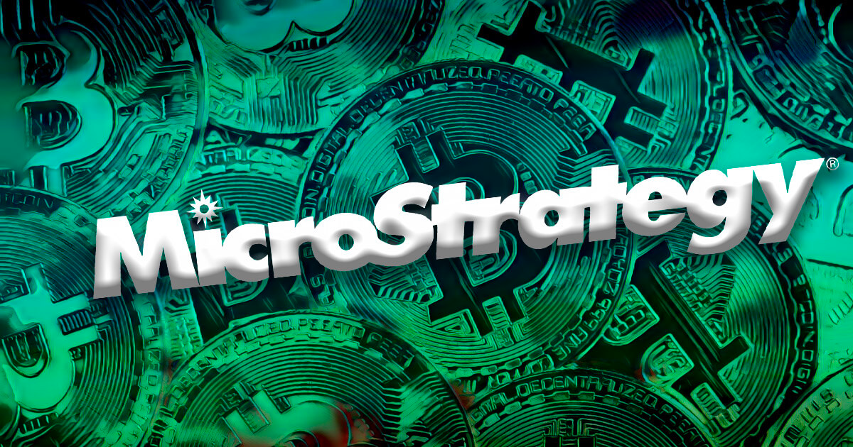 Illustration of a MicroStrategy logo with Bitcoin images. 