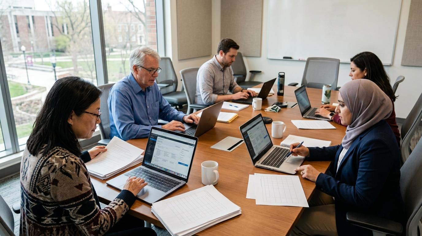 Photorealistic university faculty members evaluating multiple grading platforms on laptops while reviewing student assignments and printed rubrics in a modern academic meeting room.