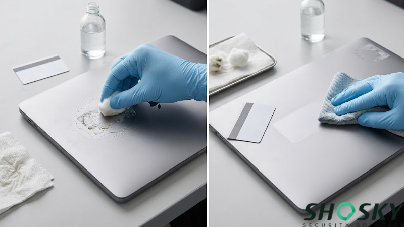 Step-by-step process of cleaning electronic surfaces with alcohol and microfiber