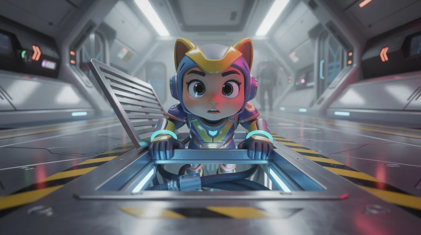A colorful game character resembling an impostor from "Among Us" is popping out of a floor vent on a spaceship, ready to engage in gameplay with other players. The scene hints at a moment of suspense, as teammates may suspect this character's intentions while they complete tasks and navigate the challenges of the game.