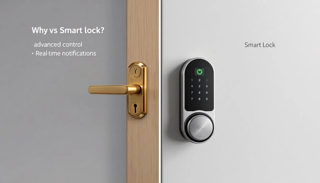 A comparison image showing a traditional lock and a smart lock side by side, illustrating the differences in security features.