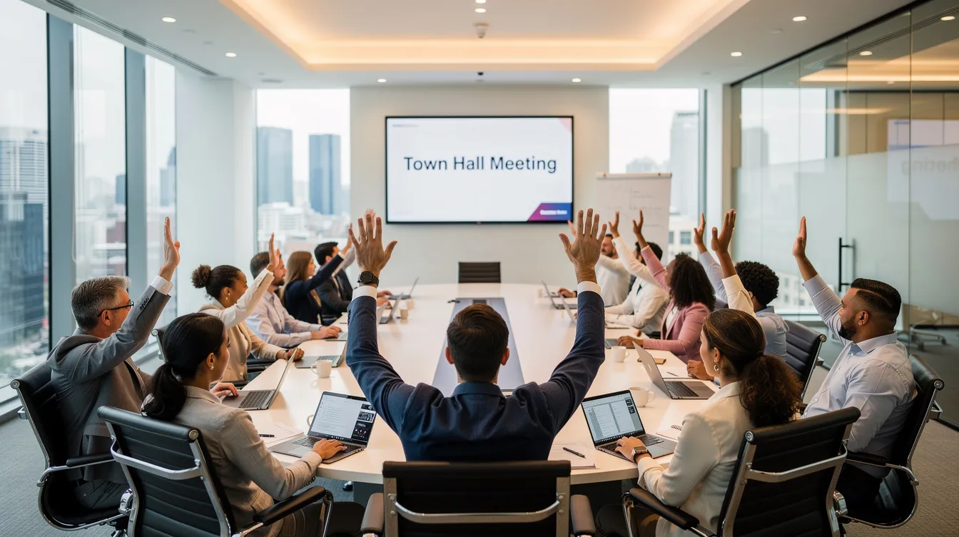 A diverse group of workers is raising their hands during a town hall meeting in a modern conference room, emphasizing the importance of worker voice in discussions about responsible AI governance and regulation. The scene highlights collaboration among public sector workers as they engage in decision-making processes related to AI tools and technologies.