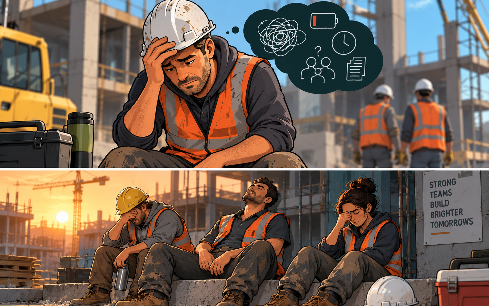The image depicts exhausted construction workers at a job site, visibly affected by long hours and mental strain, highlighting the importance of addressing burnout and promoting mental health discussions within the construction industry. Their emotional exhaustion underscores the need for a sustainable work environment that prioritizes well-being and reduces stress for employees.