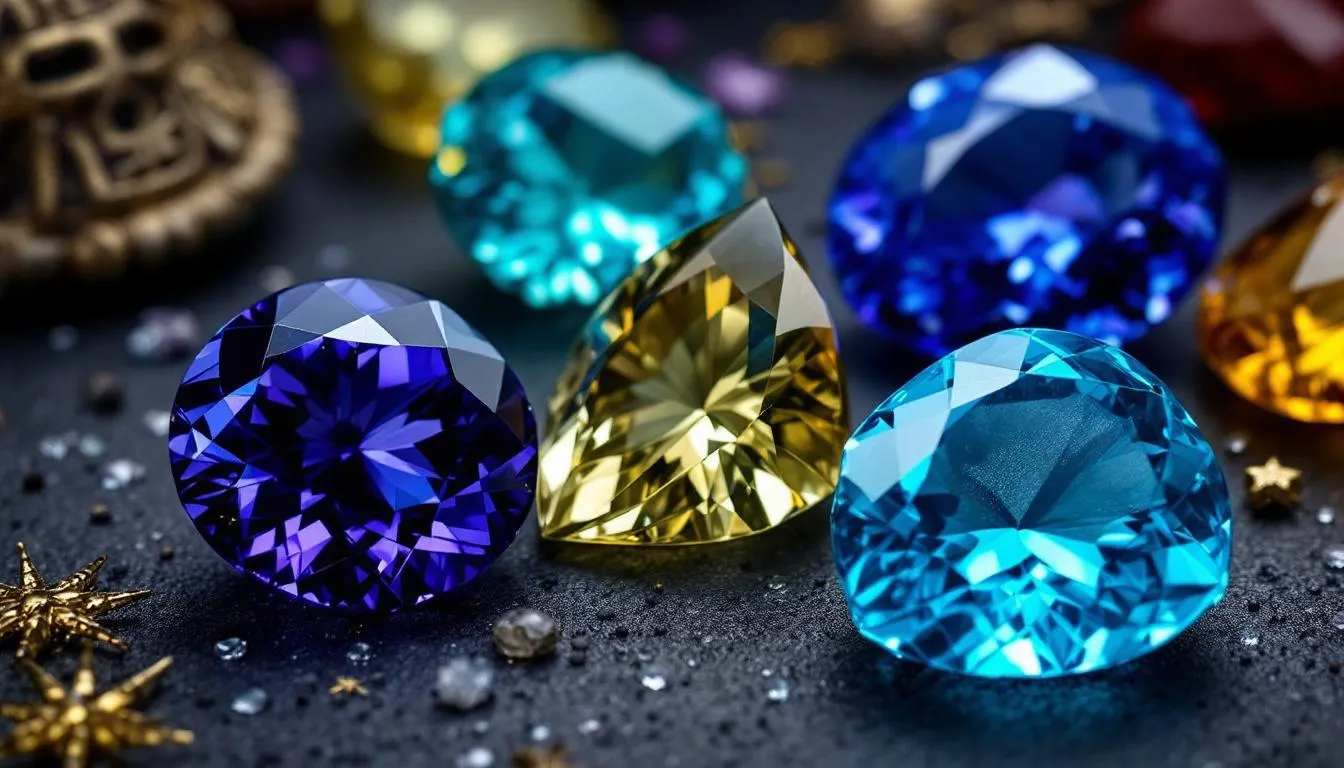 The image showcases December's birthstones: Tanzanite, with its rich blue-violet hues, Turquoise, known for its protective qualities, and sparkling Zircon, all displayed in elegant jewelry pieces. Each gemstone reflects a unique beauty and historical significance, making them precious gems worthy of admiration.