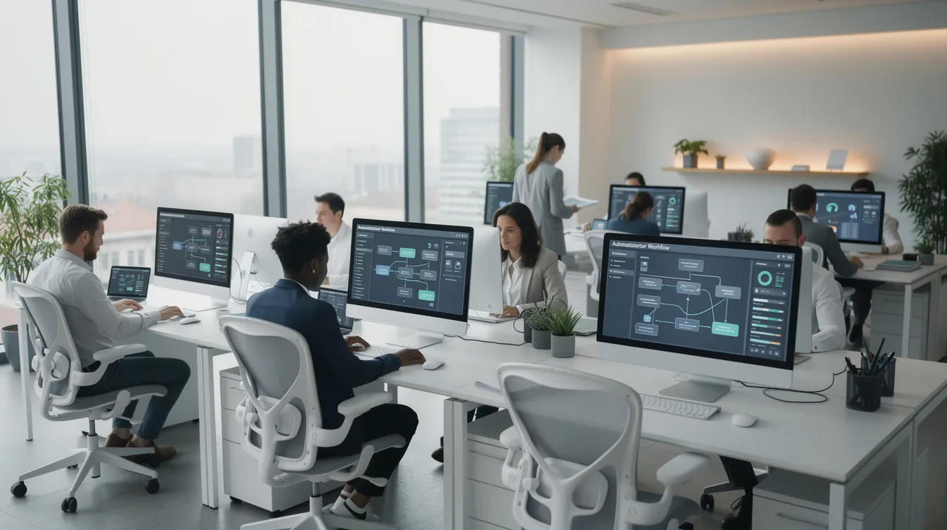 Das Bild zeigt eine moderne Büroumgebung, in der Bildschirme automatisierte Workflows darstellen, die durch künstliche Intelligenz unterstützt werden. Mitarbeiter nutzen KI-Tools zur Optimierung von Geschäftsprozessen und zur Bearbeitung von E-Mails rund um die Uhr.