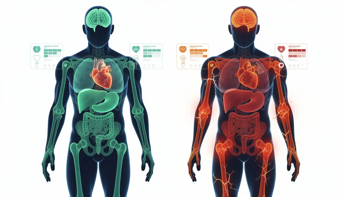 The image features two side-by-side human silhouettes, both representing middle-aged individuals, with internal icons indicating varying states of heart, brain, and joint health. This visual illustrates aspects of biological age and highlights the influence of lifestyle factors on healthy aging and the aging process.