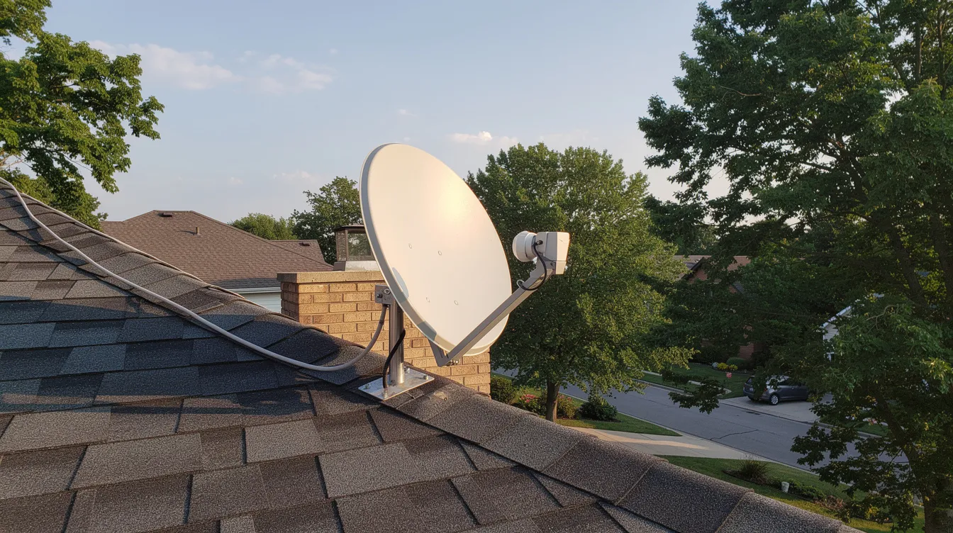 A satellite dish is securely mounted on a residential rooftop, surrounded by lush trees in a suburban neighborhood, showcasing the installation typical of expert DSTV installation services. This setup indicates the presence of a reliable home entertainment system, ensuring optimal signal quality for residents.