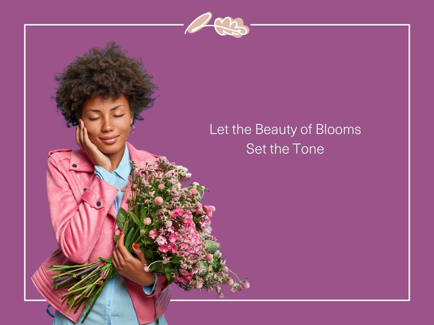 Content woman holding a vibrant bouquet, eyes closed, with the phrase 'Let the Beauty of Blooms Set the Tone' - image supporting a flower selection guide for events.