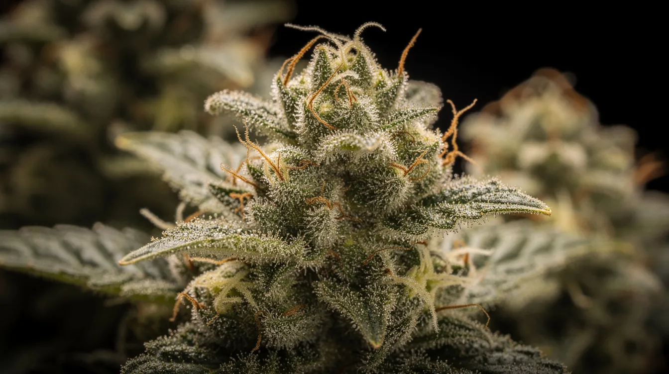 A close-up photograph showcases dense cannabis flower buds of the Skywalker OG strain, glistening with frosty white trichomes and vibrant orange pistils, set against a dark background. This indica dominant hybrid is known for its potent effects, offering pain relief and deep relaxation, making it an ideal choice for evening use.