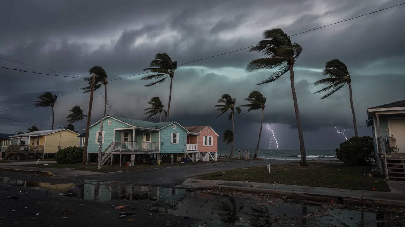 The image depicts dark storm clouds gathering ominously over a row of coastal houses, with palm trees bending in the strong wind, signaling the approach of severe weather typical of hurricane season. This scene serves as a reminder to prepare an evacuation plan and gather emergency supplies for potentially life-saving preparations.