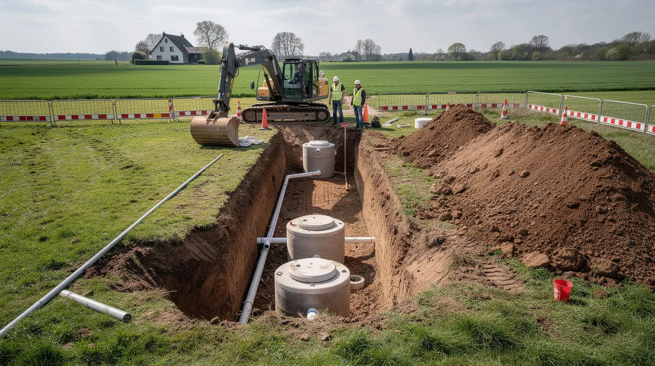 L'image montre un chantier de terrassement où des cuves d'assainissement sont en cours d'excavation dans un terrain herbeux. Ce projet est essentiel pour l'installation d'une micro station d'épuration, visant à traiter les eaux usées domestiques de manière efficace et respectueuse de l'environnement.