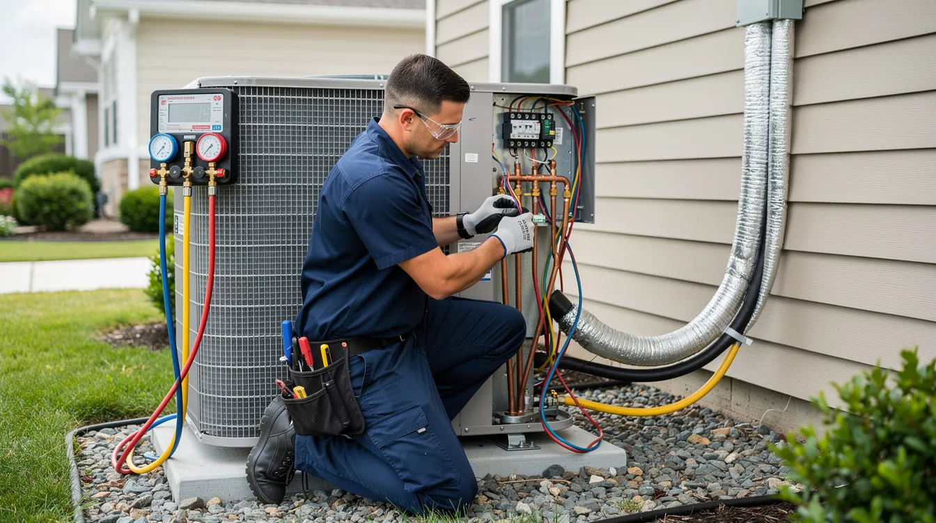 An HVAC technician is shown installing a new Trane AC unit in a residential setting, ensuring the efficient system is connected to the existing ductwork. The technician is focused on proper installation techniques to maximize energy efficiency and performance during the annual cooling season.