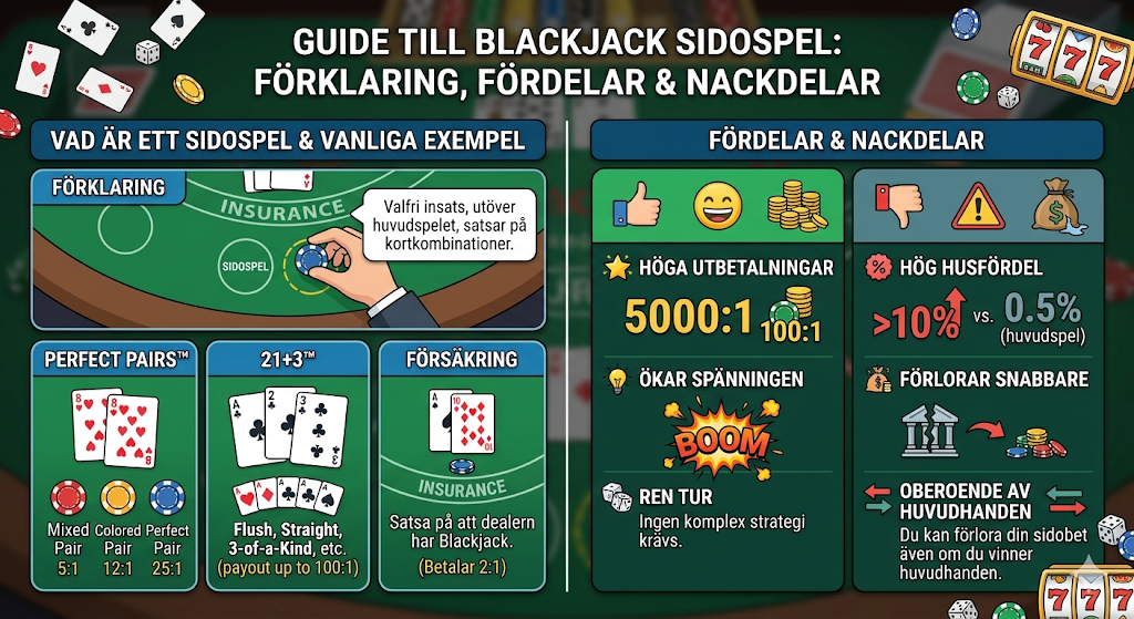 Blackjack sidospel – regler, försäkring, perfect pairs och 21+3 samt fördelar och nackdelar