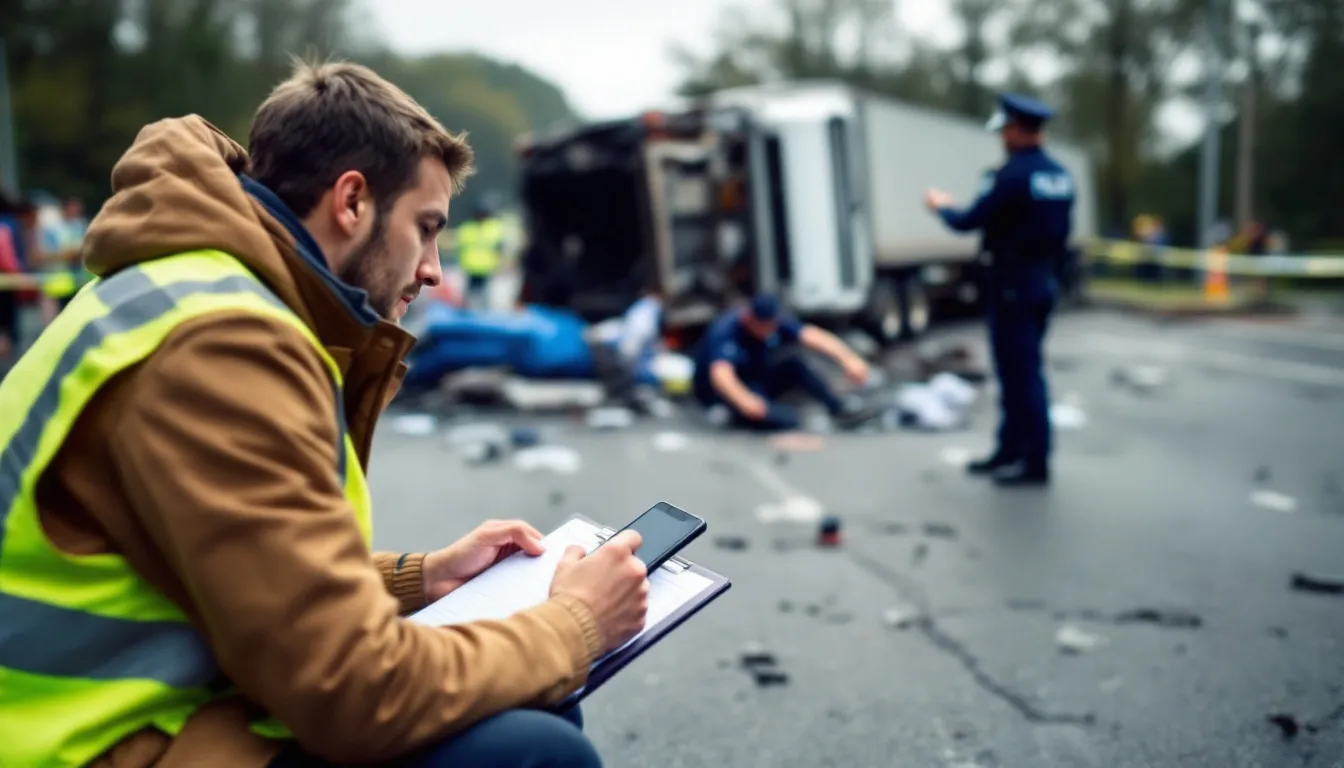A blurred image of a person taking notes at an accident scene, representing steps to take after a truck accident.