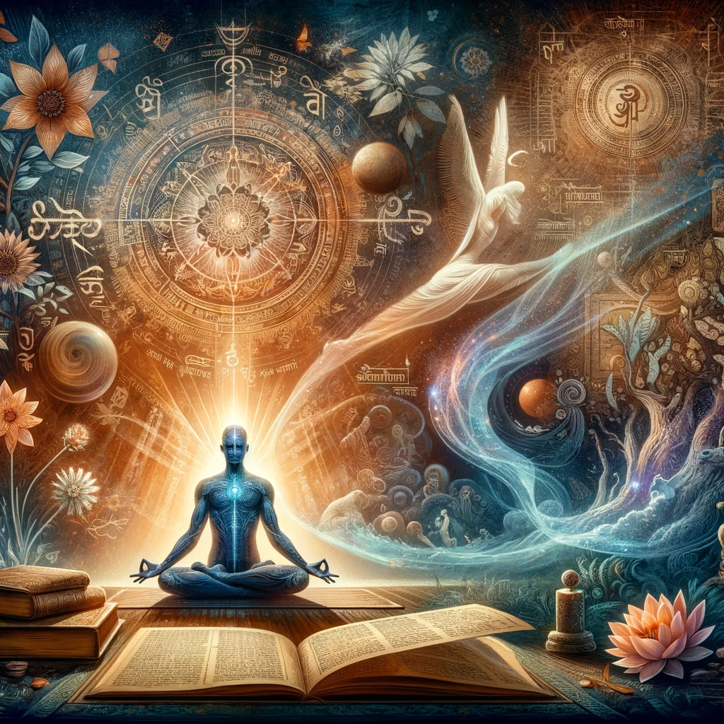 Serene depiction of Hatha Yoga, showcasing a figure practicing yoga amidst a backdrop of ancient texts like the Hatha Yoga Pradipika and the Yoga Sutras. The image embodies the journey from physical strength to spiritual enlightenment, with the yogi surrounded by elements of nature and mysticism. A subtle aura and ethereal light symbolize the connection between the physical and spiritual realms, capturing the peaceful and introspective essence of Raja Yoga's influence on the mind and spirit.