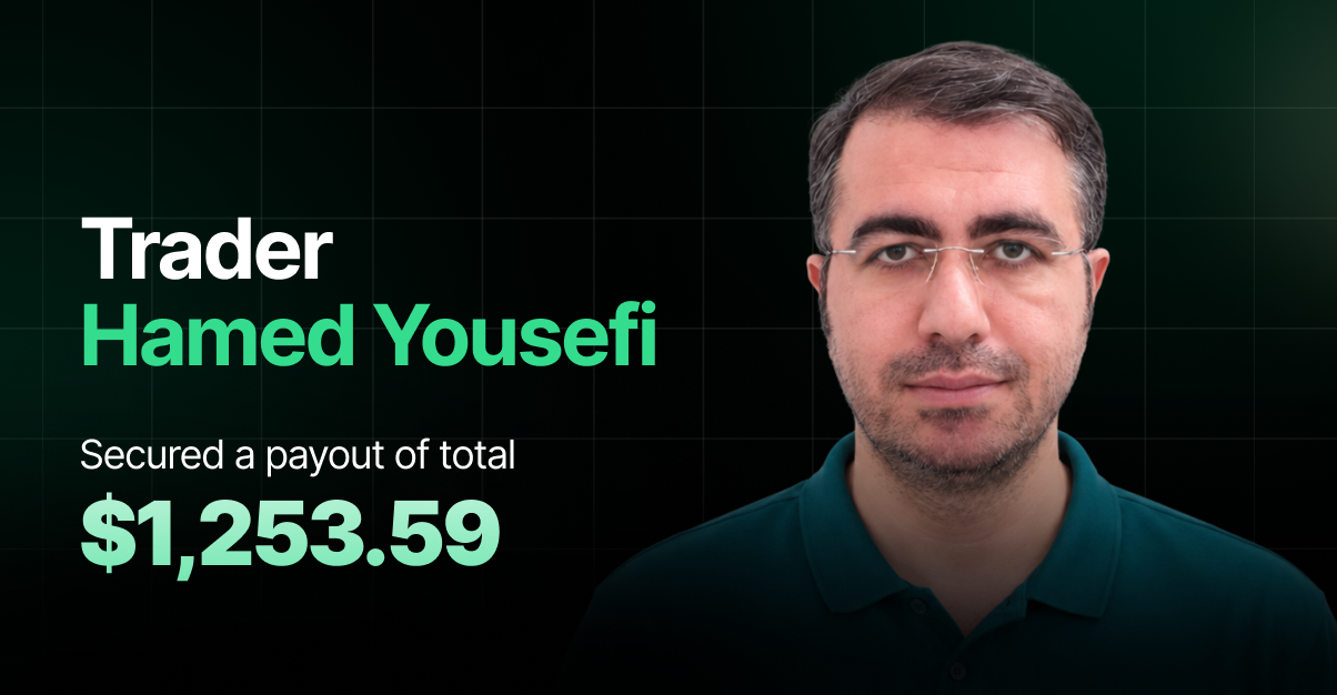 Dark green trader profile banner with a portrait of a man with glasses and a dark teal polo shirt on the right, and text on the left reading "Trader Hamed Yousefi" and "Secured a payout of total $1,253.59."