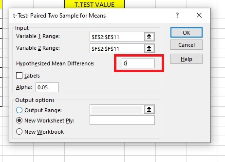 perform a T.TEST using the Analysis Tool Pack