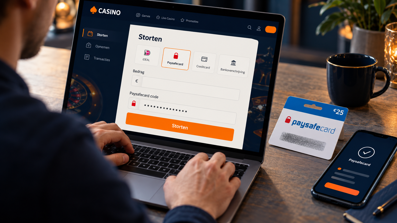 Speler vult een afgeschermde Paysafecard-code in op de stortingspagina van een online casino.