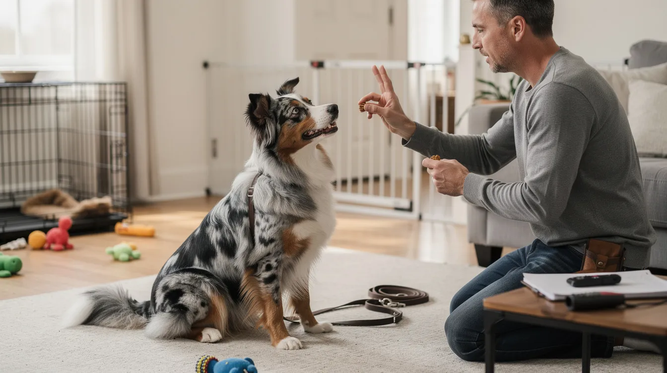 The image depicts an Australian Shepherd puppy engaged in a training session with its owner, showcasing the energetic and intelligent nature of this herding breed. The scene highlights the importance of positive reinforcement and mental stimulation in overcoming common training challenges faced by Australian Shepherd owners.