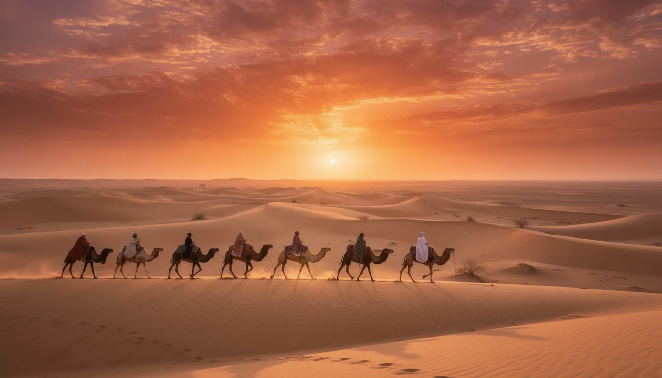 A camel caravan gracefully crosses the golden dunes of the Sahara Desert at sunset, with a dramatic orange sky illuminating the scene. This picturesque moment captures the essence of Morocco's natural beauty and offers a glimpse into the adventures that await travelers exploring this enchanting region.