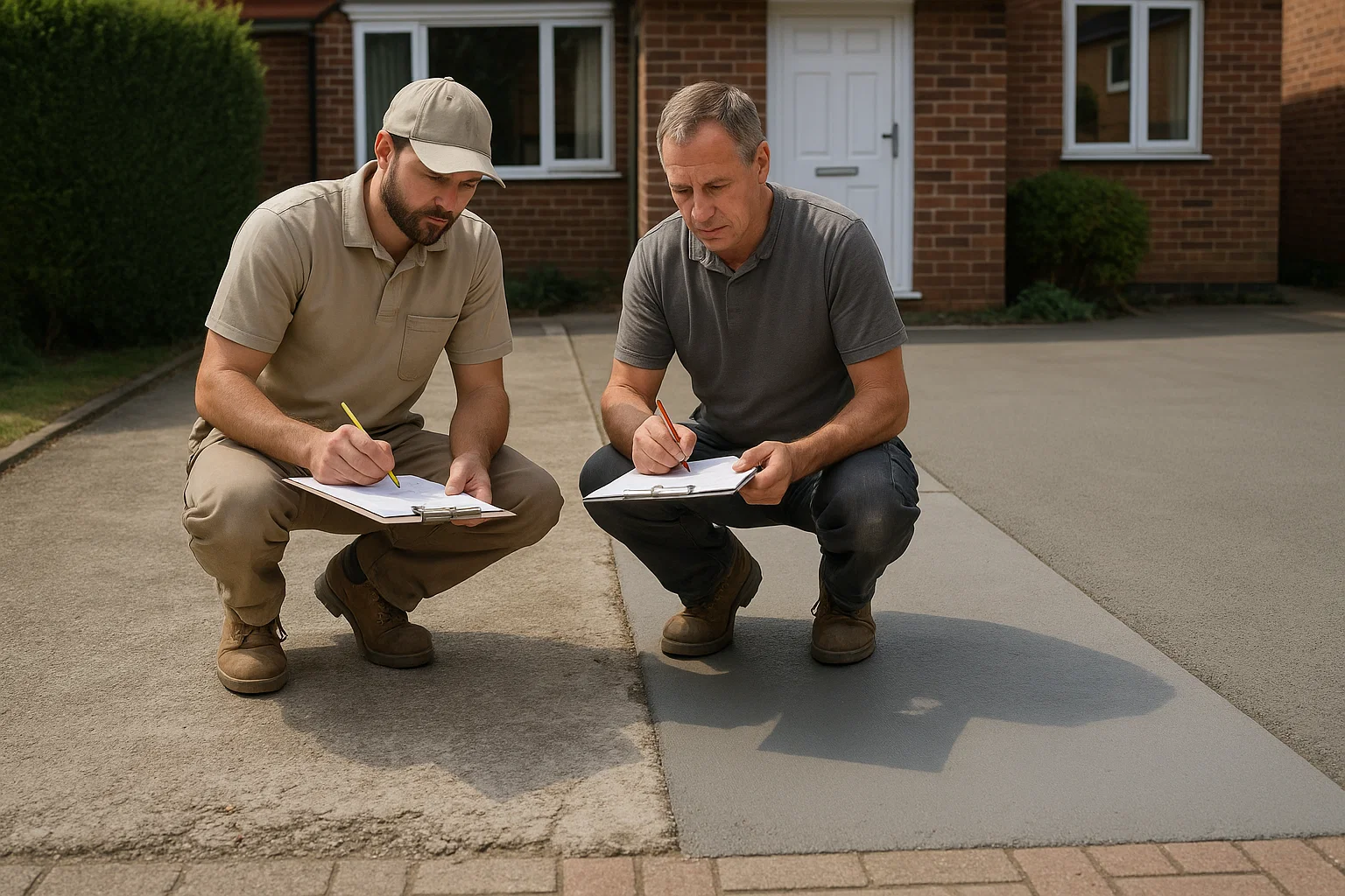 Two contractors assessing a concrete driveway during a resurfacing project.