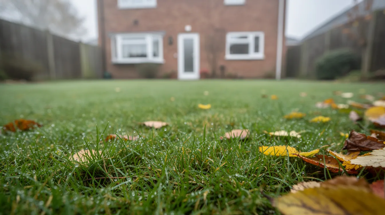 The image depicts a lush green lawn in a UK back garden during early autumn, with dew glistening on the grass and a few fallen leaves at the edge. In the background, a blurred semi-detached brick house adds to the serene atmosphere of this natural setting, perfect for lawn care tips and maintaining lawn health as the colder months approach.
