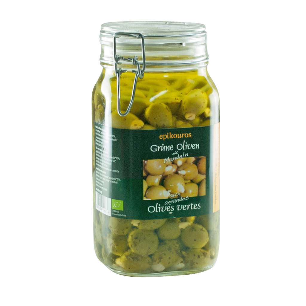Øko RAW upasteuriseret grønne oliven med mandler i olie med urter.