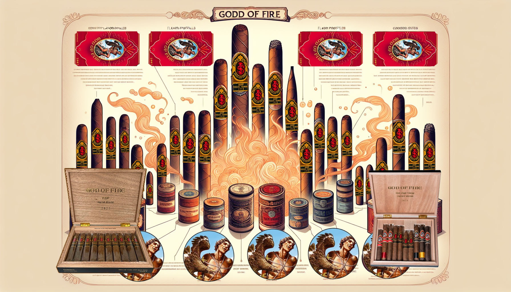 An illustration showing a selection of God of Fire KKP cigars with tips on choosing the best one.