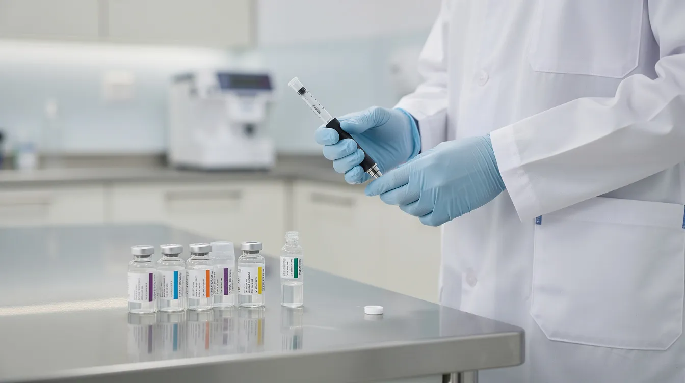 A medical professional is holding an injection pen, with several medication vials displayed on a clinical counter, symbolizing the important role of medical devices in personal injury cases related to mass tort litigation. This image highlights the intersection of healthcare and legal processes, particularly in complex litigation involving numerous plaintiffs.