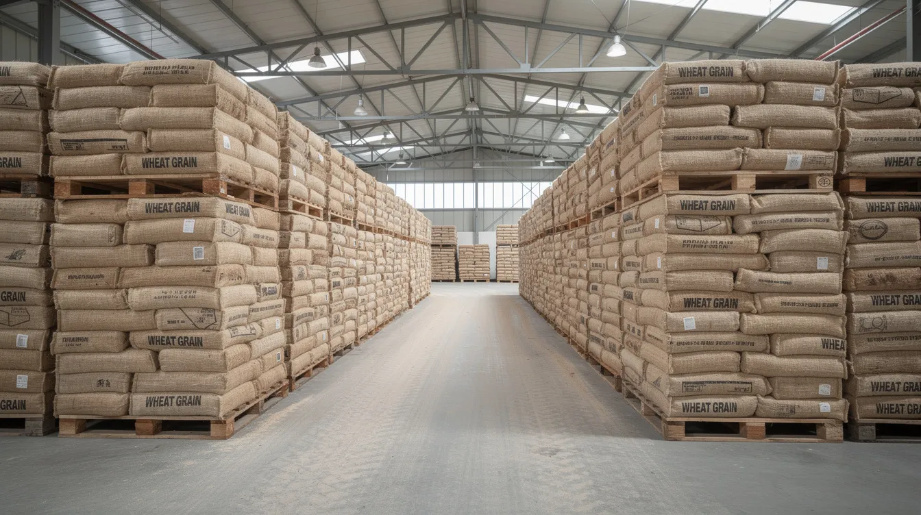 1bae937e 7750 4f03 b49e f8256b2eac4e The image shows stacks of wheat grain bags neatly stored in a large industrial warehouse, highlighting the essential raw materials used in flour milling processes. This setup is crucial for producing various wheat products, including whole wheat flour and semolina, which are key ingredients in baked goods and bread.