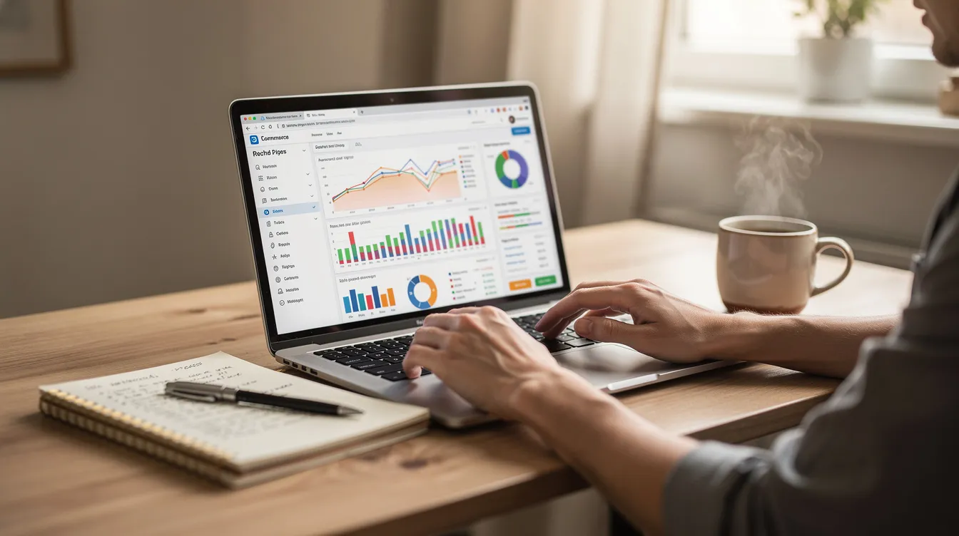 A person sits at a table with a laptop open to ecommerce analytics, alongside a notebook and a steaming cup of coffee, focusing on improving conversion rates through data analysis. This scene represents the practical advice found in conversion rate optimization books, emphasizing the importance of web analytics and user intent in boosting online sales.