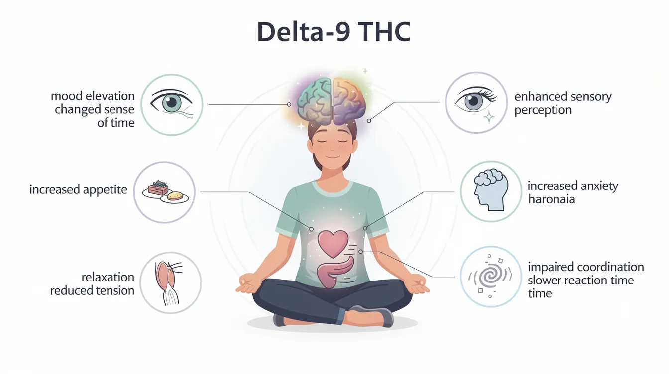 The image depicts the effects of Delta 9 THC, highlighting its psychoactive effects and potential health benefits for users, including relief from chronic pain and anxiety. It also contrasts Delta 9 with other cannabinoids like Delta 8, emphasizing the differences in their intoxicating effects and legal status across various states.