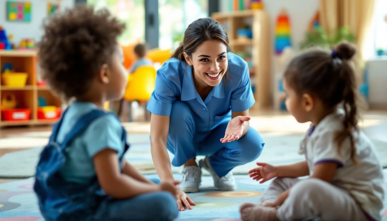 A cheerful staff member interacts with children at a daycare center, showcasing a nurturing environment that emphasizes safety and quality in child care. This vibrant scene reflects the success of daycare businesses that contribute positively to the local community and highlights the importance of resources and support for small business owners in the child care industry.