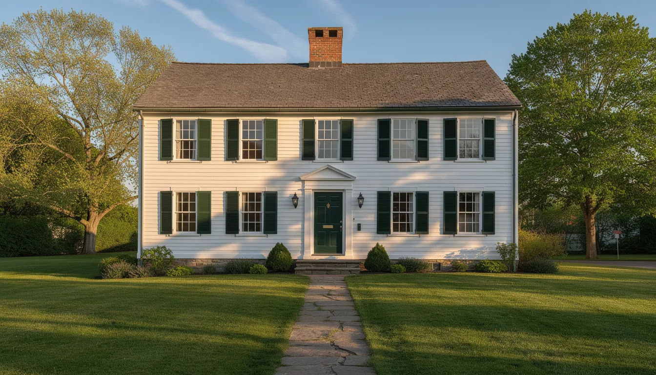 The image depicts a historic New England colonial home featuring white clapboard siding, surrounded by a lush green lawn, representing the charm of coastal living in Connecticut. This type of property is part of a strong demand market, with rising housing values and median prices attracting many buyers in the region.