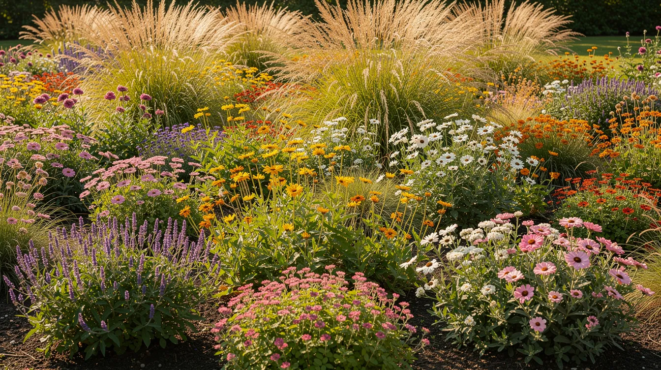 Ein blühender Staudengarten zeigt eine Vielzahl von bunten Blüten und Ziergräsern, die harmonisch in einem Staudenbeet angeordnet sind. Die unterschiedlichen Pflanzenarten und Farben schaffen eine lebendige und abwechslungsreiche Gartengestaltung, die sowohl Bienenfreundlichkeit als auch eine elegante Struktur bietet.