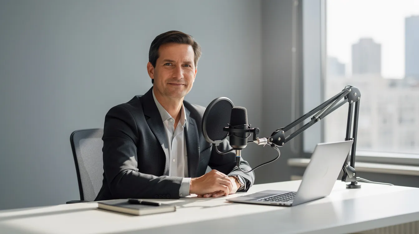 An executive is seated at a clean desk equipped with a professional microphone and a laptop, with natural light streaming through a nearby window. This setup suggests a focus on creating content, possibly for a podcast or video, that could aid in lead generation and marketing for their own agency.